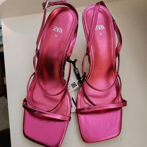 Zara hot pink sandals with geometric heel